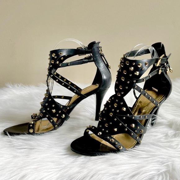 Guess Black Strappy Gold Studded Heels Amazing Condition - Picture 3 of 6